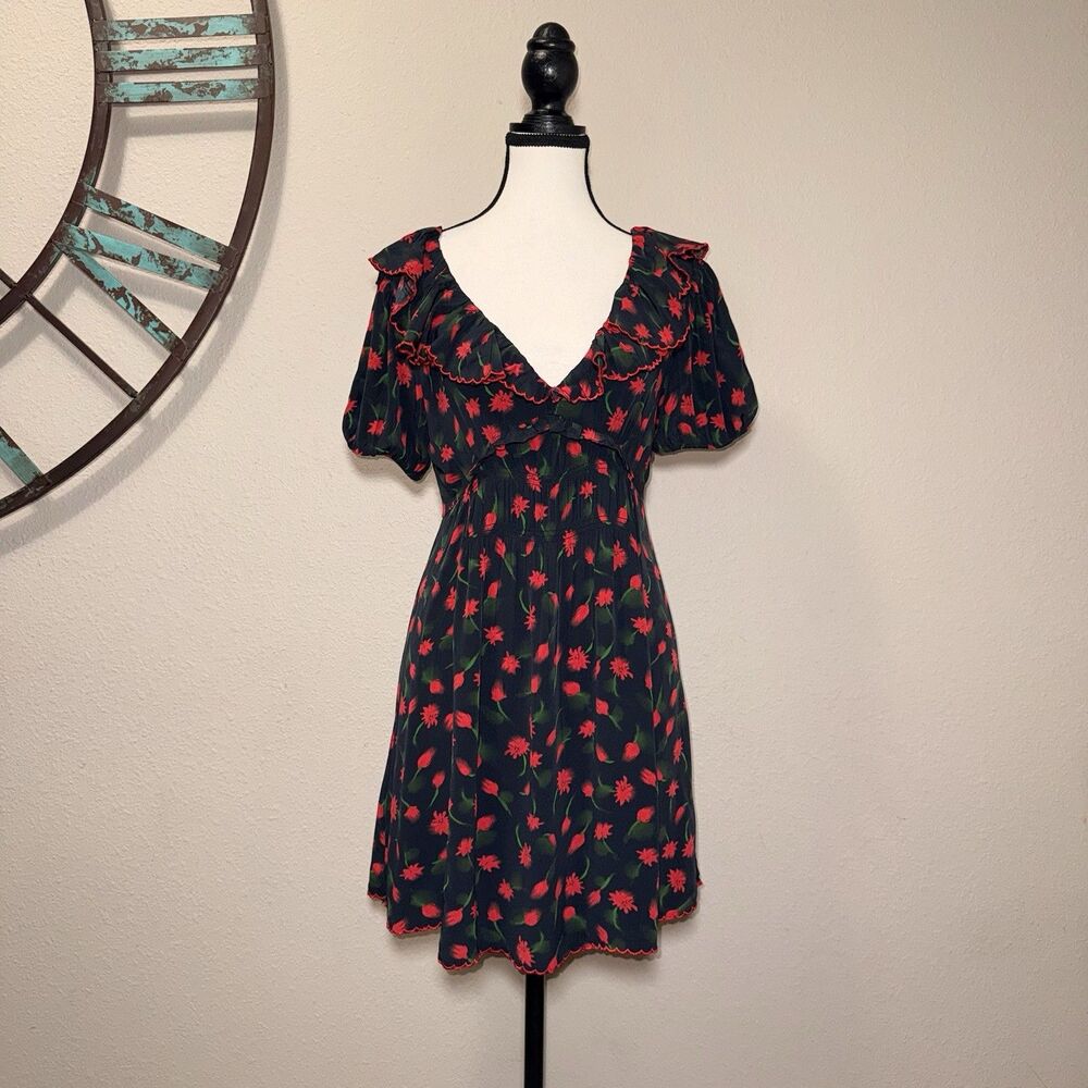 J. Crew Mini Dress Size 4 NWT Black Floral Ruffle V-Neck 100% Viscose